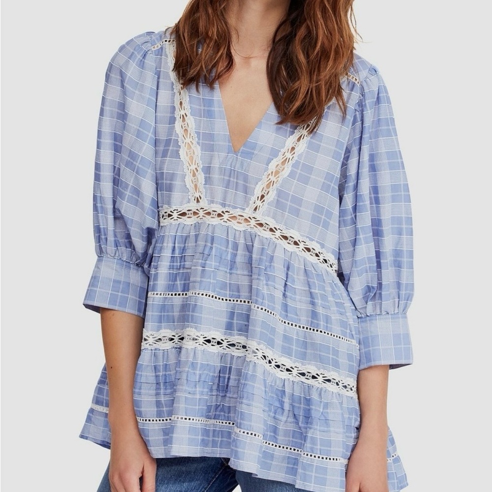 Free People Boho Timeout Lace Plaid Tunic Blouse Top Blue S